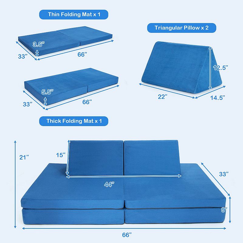 4 Pieces Convertible Kids Couch Set with 2 Folding Mats