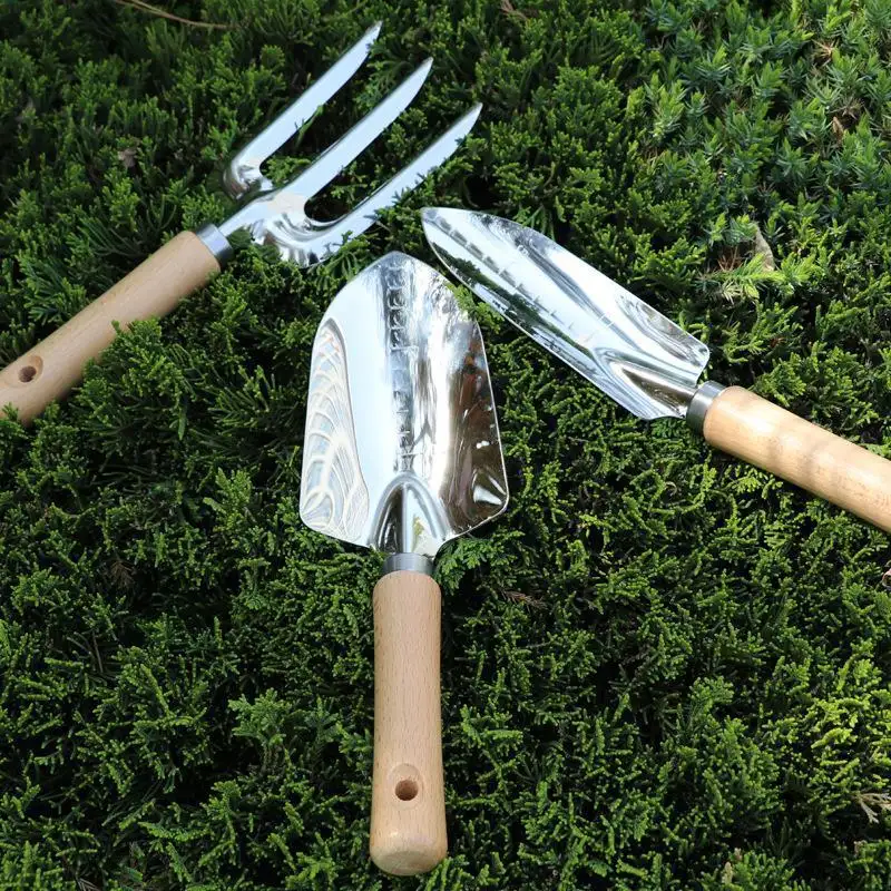 Wholesales Japanese Garden Tool Set 3 Pcs Heavy Duty Stainless Steel Large Transplant Trowel Hand Cultivator With Wood Handle