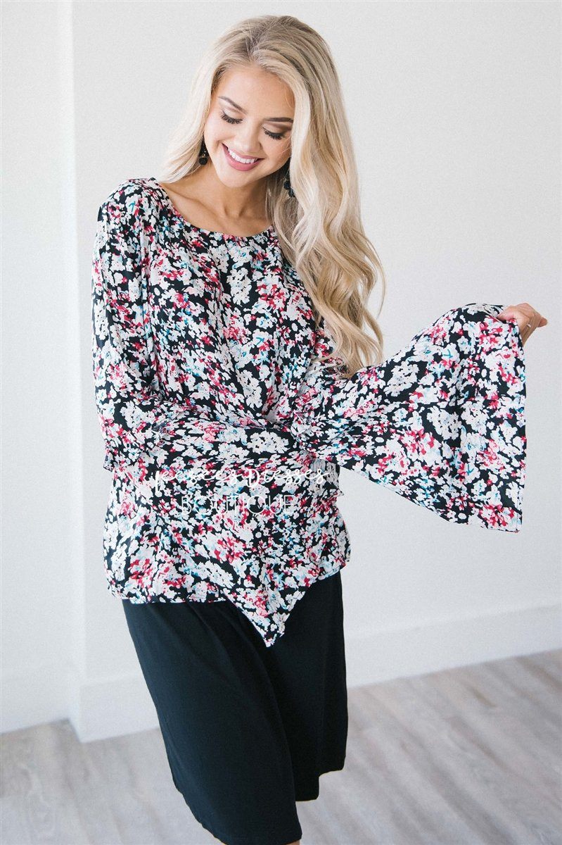 Long Bell Sleeve Ruffle Trim Top