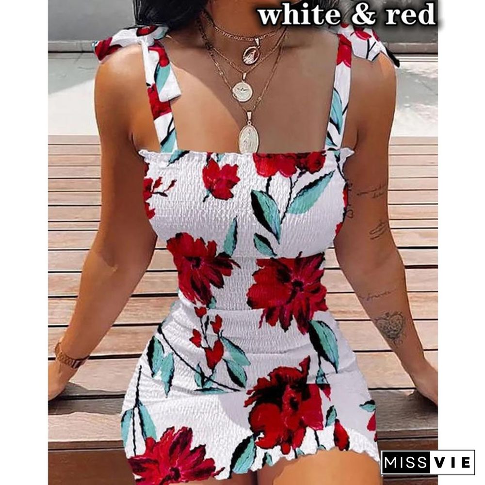 Plus Size Women Fashion Off Shoulder Sleeveless Smocked Bodycon Dress Women Strapless Mini Dresses Ladies Short Party Club Printing Dress