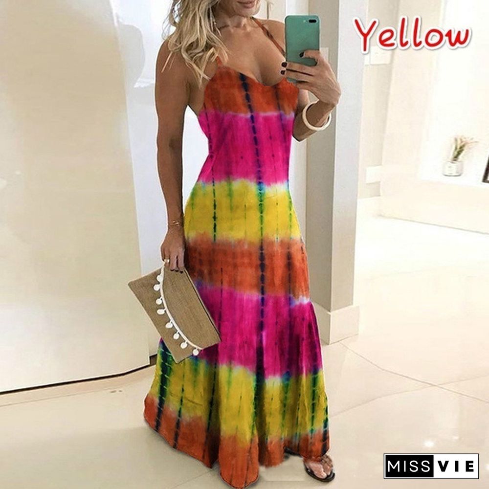 Summer Dress Fashion Clothes Women's Casual Off Shoulder Sleeveless Dress String Strap Halter Party Dress Ladies Deep V-neck Floral Printed Beach Wear Plus Size Maxi Dress XS-8XL