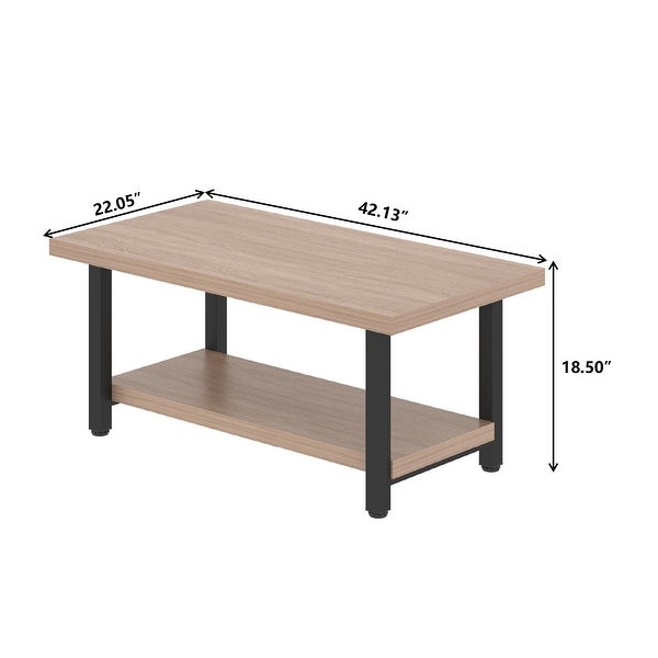 2-Tier Modern Rectangle Coffee Table， Wood Rectangle Sofa Table with Metal Straight Legs for Living Room