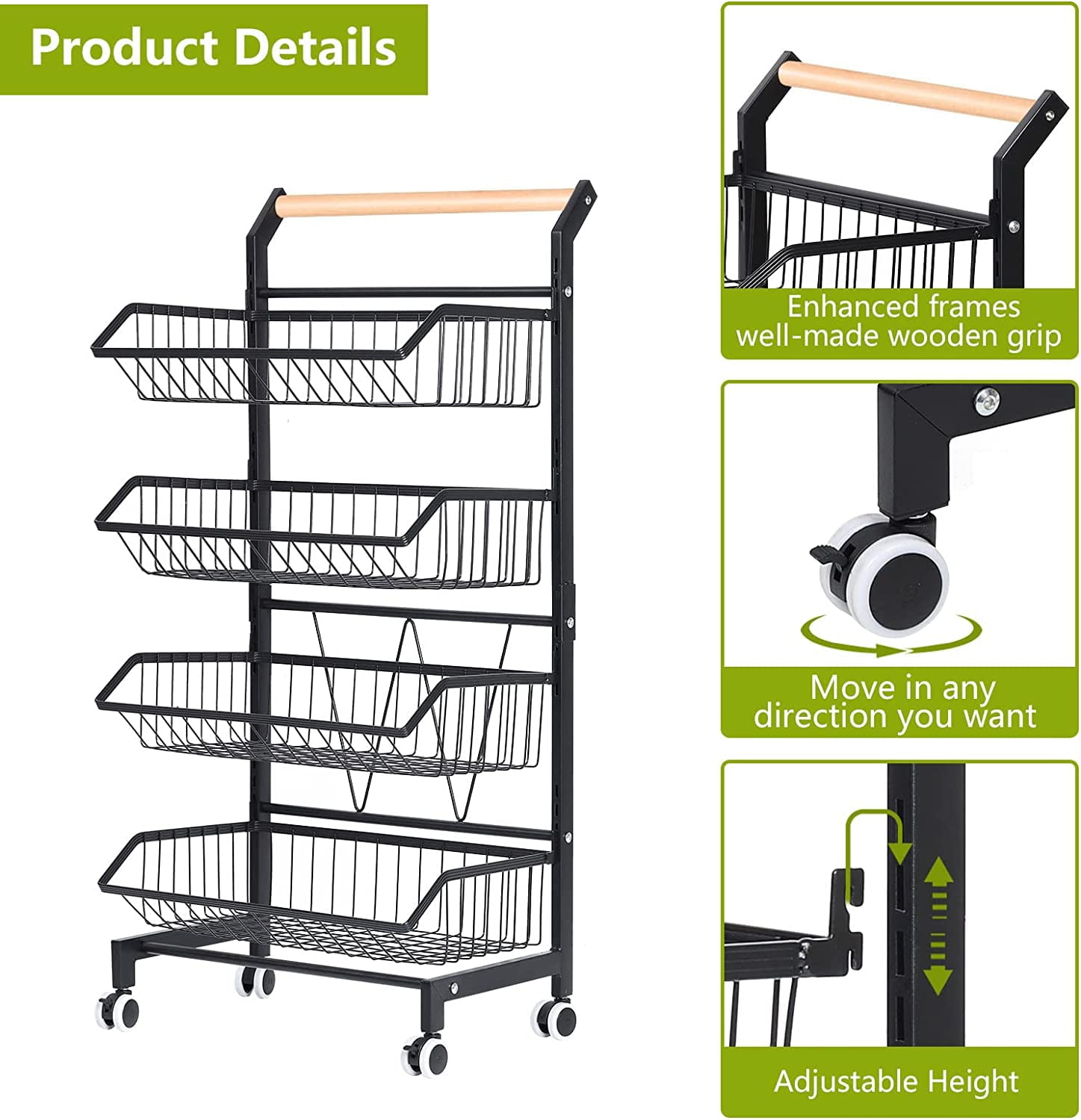 4 Tier Fruit Vegetable Storage Basket Rolling Cart with Handle and Wheels， Black