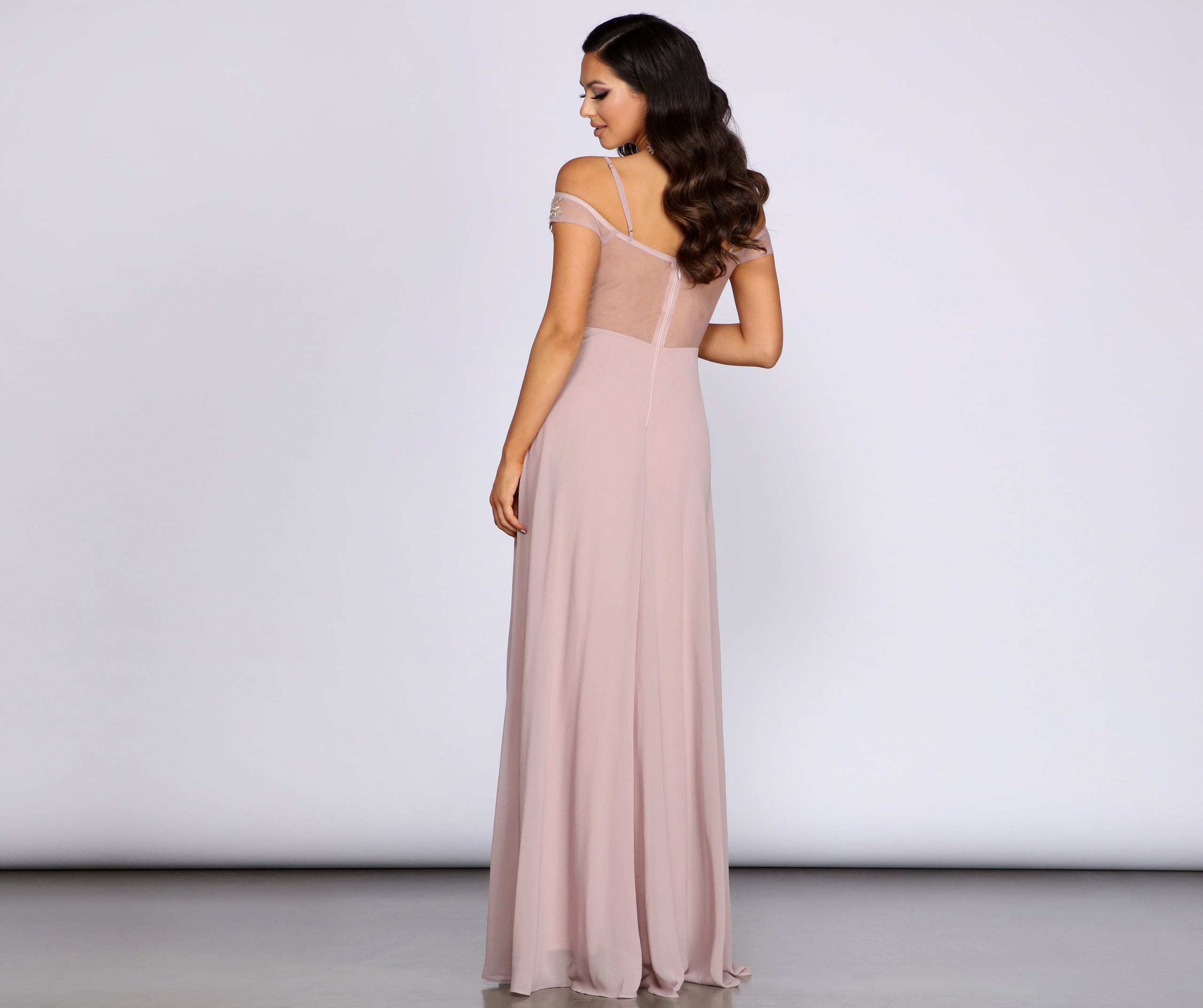 Shea Metallic Applique Off Shoulder Chiffon Dress