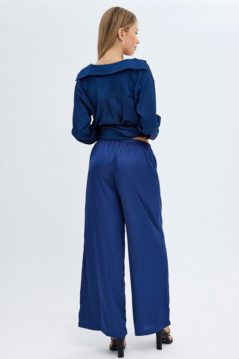 Blue Wide Leg Pants High Rise