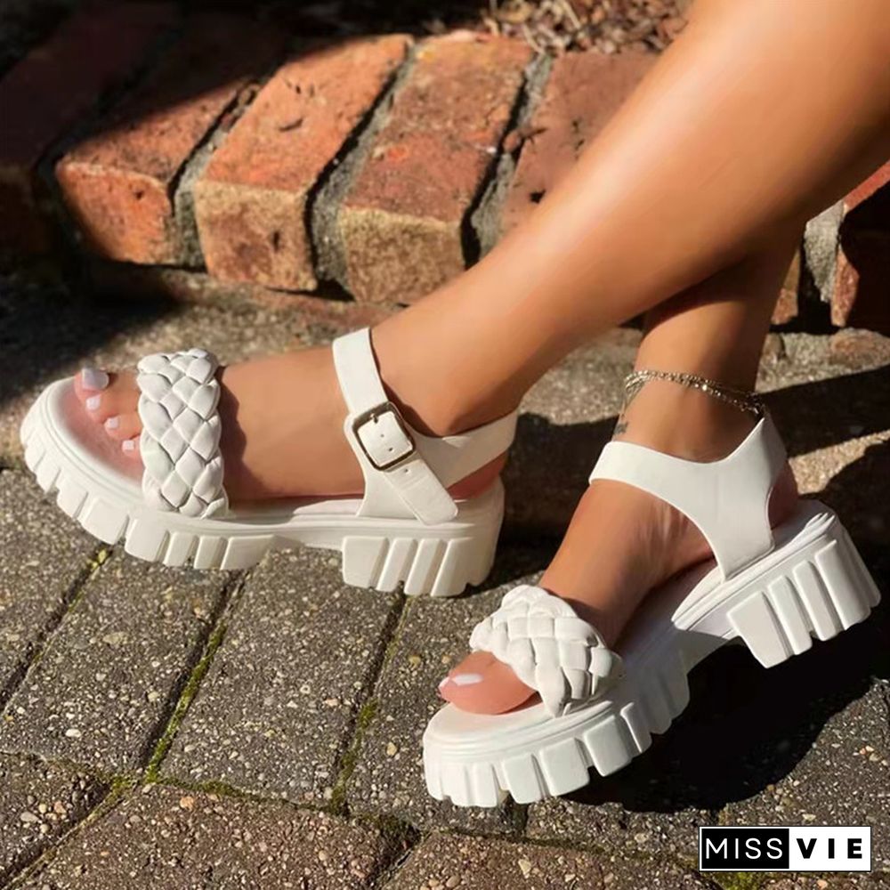 Elegant Women Leather Sandals New Summer Diamond Lattice Sandals Casual Velcro Flat Bottom Platform Sandals Women