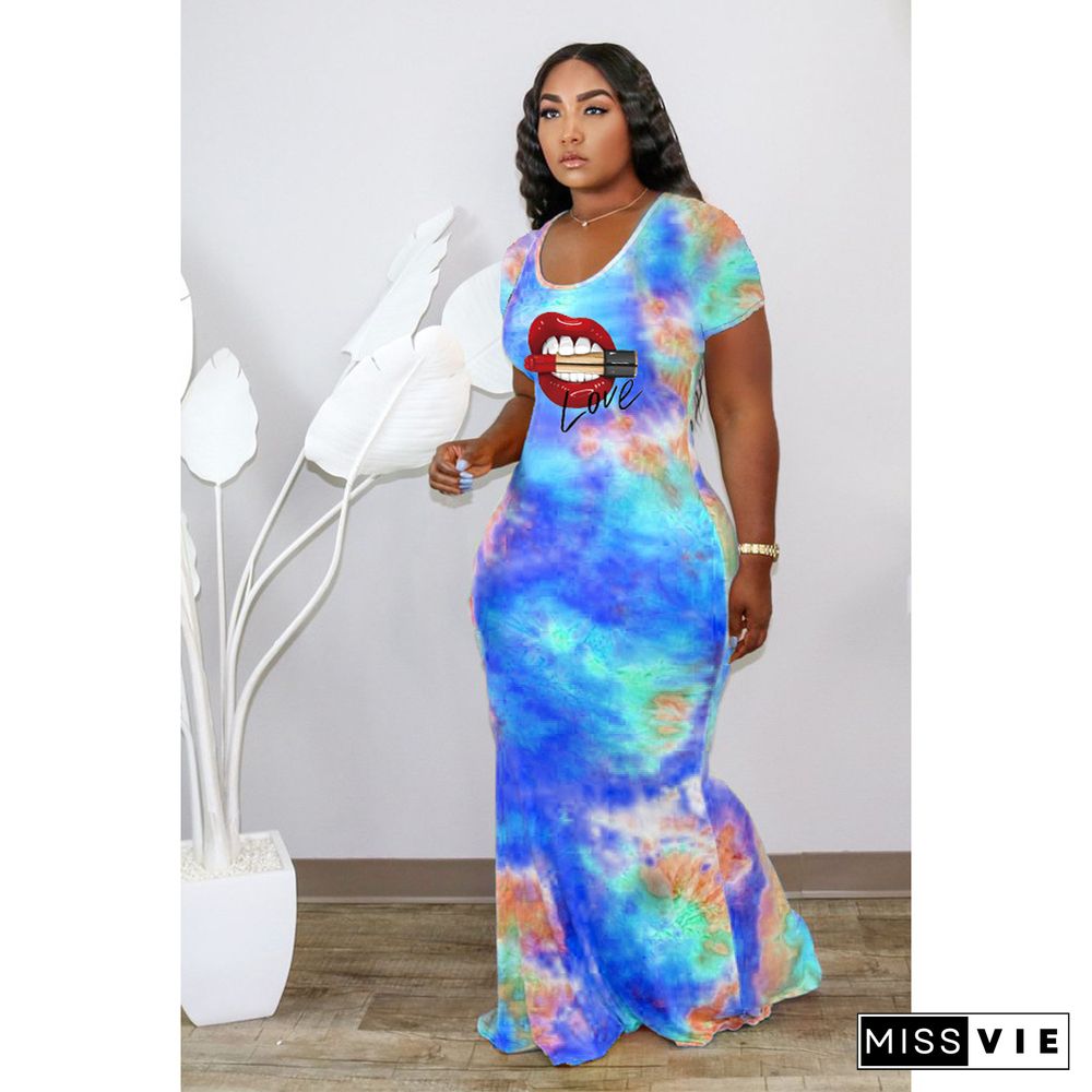 Tie Dye Lips Print Short Sleeve Cut Out Maxi Dresses