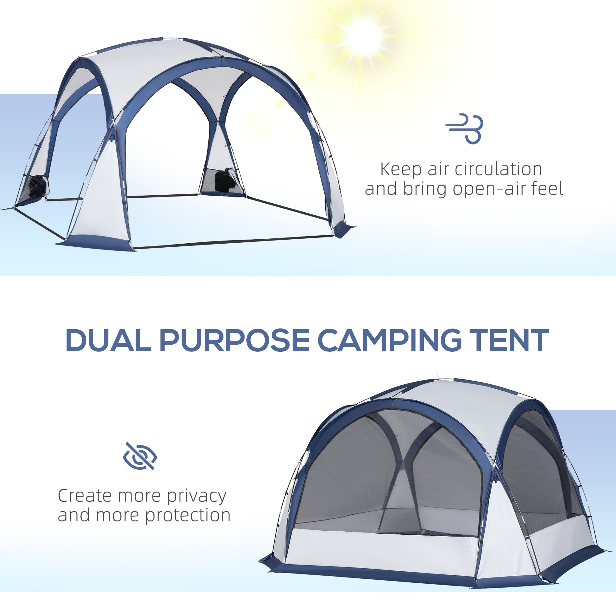 Outsunny 6-8 Person Screen House for Camping， Family Tents Shelter with Portable Carry Bag， Sun Shelter Dome Tent with 4 Zipped Mesh Doors，Stakes， Lamp Hook for Travel， Picnics， White and Blue