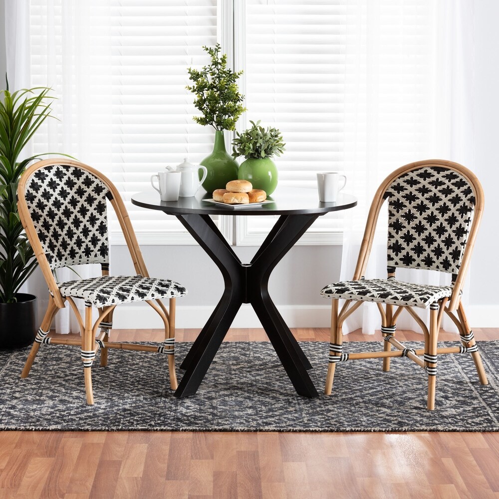 Ambre Modern French Black and White Weaving Natural Rattan 2 Piece Bistro Chair Set