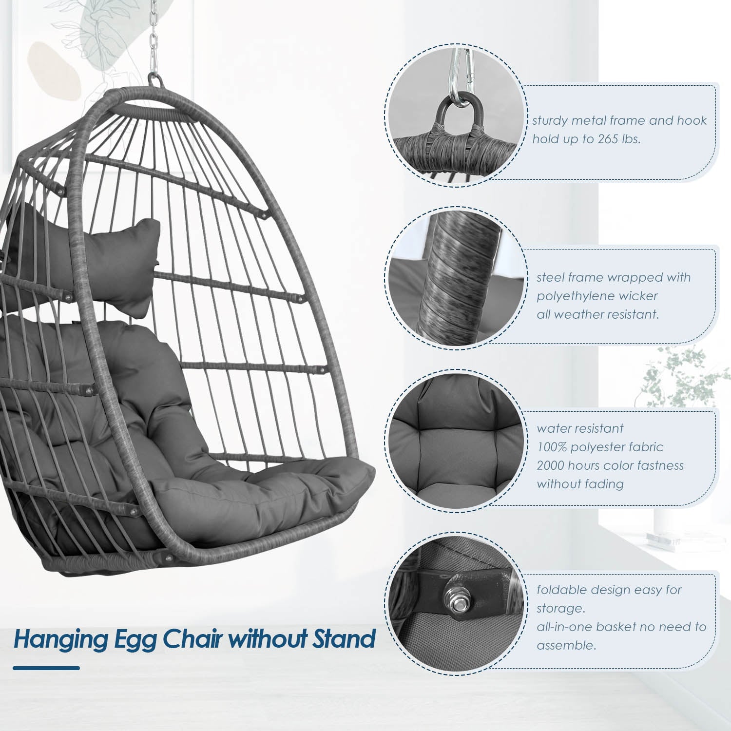 NICESOUL Outdoor Foldable Wicker Swing Egg Chair Without Stand Dark Gray Hanging 265lbs Max. Weight