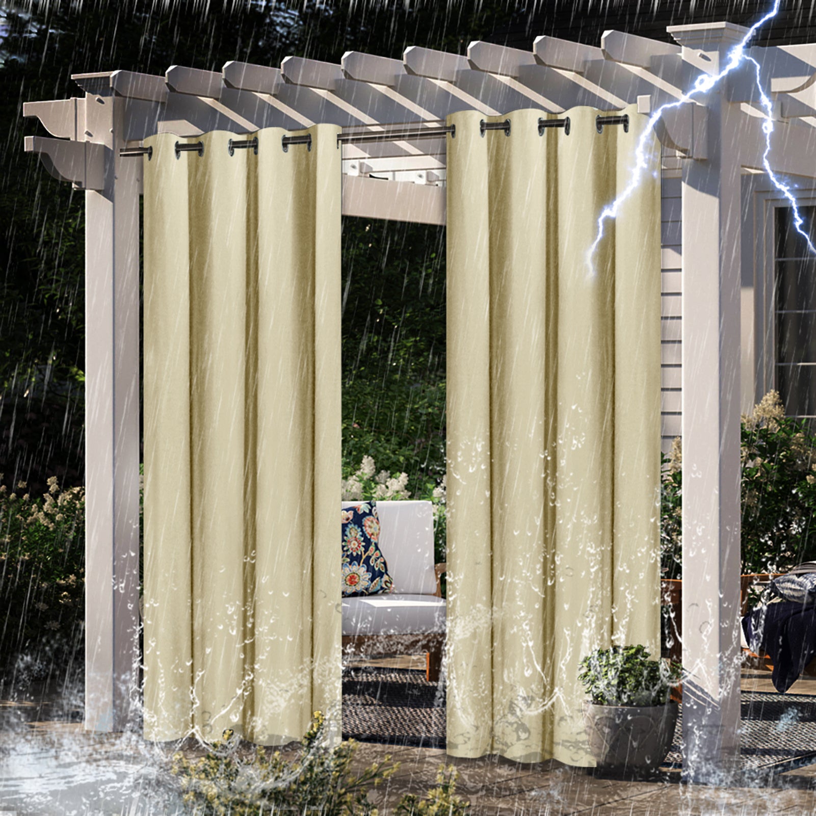 Pergola Outdoor Drapes,Blackout Patio Outdoor Curtains,Waterproof Outside Decor With Rustproof Grommet For Pergola/Porch(2 Panel,52''W*107''L)