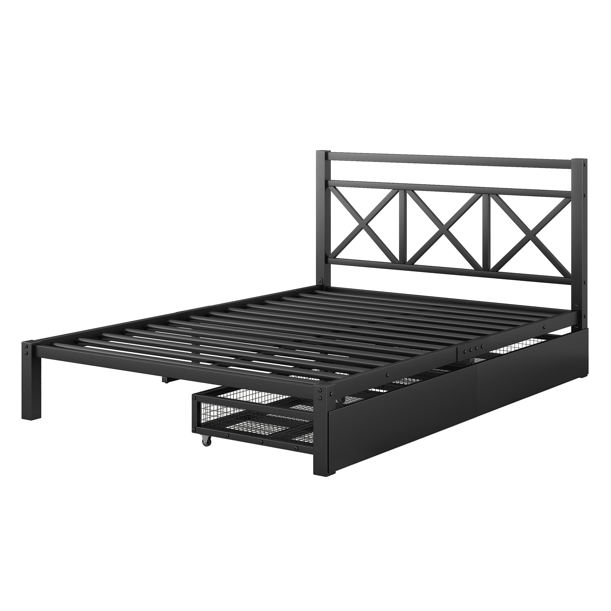 Metal Full Size Platform Bed with Two Drawers for Kids Room, Black