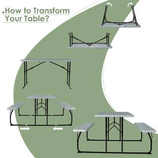 Costway Rectangle Metal Folding Indoor and Outdoor Picnic Table Bench Set with Wood-like Texture Grey OP70672GR