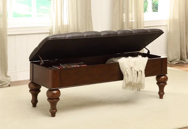 Traditional Brown Storage Bench with Dark Brown Faux Leather Cushion