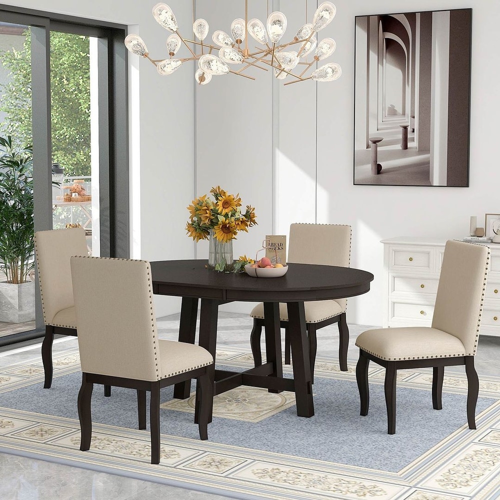 Expandable round dining table set for 4