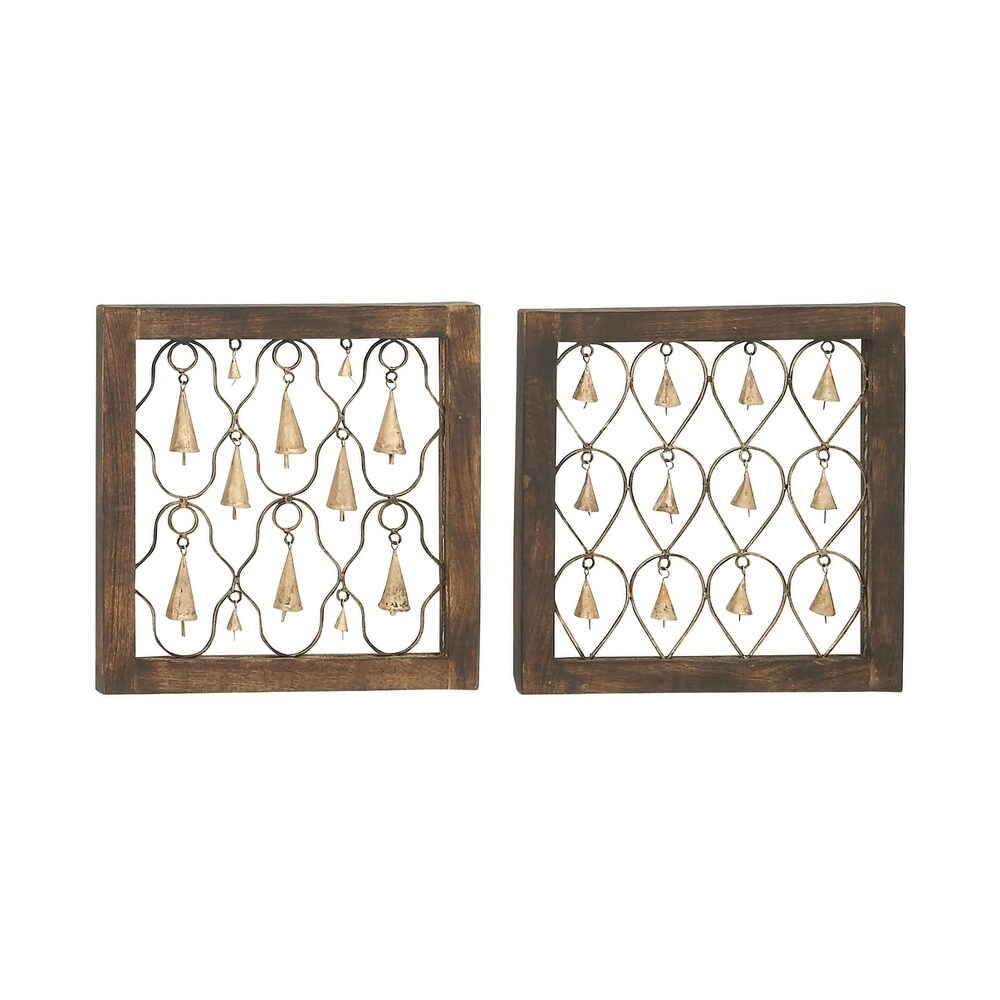 Brown Mango Wood Framed Bell Wall Decor (Set of 2)