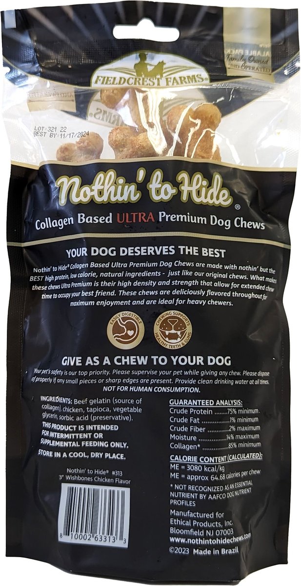 Fieldcrest Farms Nothin To Hide 3-in Ultra Wishbone Chicken Dog Treats， 12 count