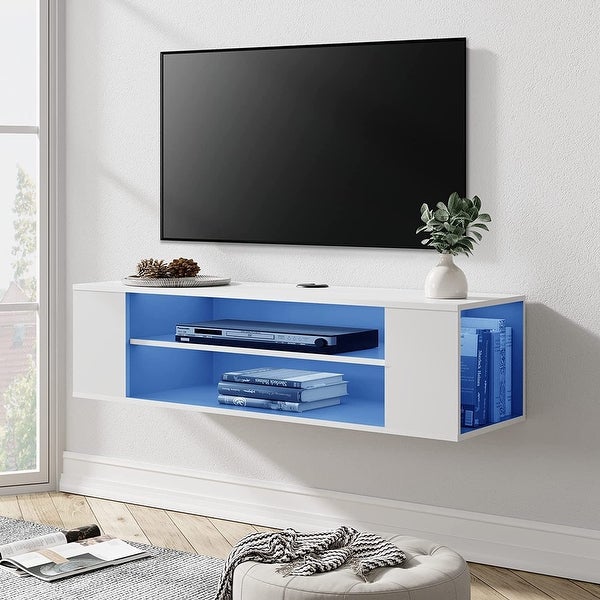 White Floating TV Stand with Colorful LED Lights， Floating Entertainment Center Wall Mounted， Floating TV Media Console