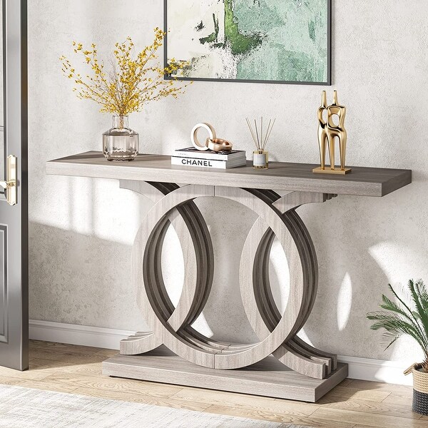 55 Inch Console Table with Geometric Base Wooden Hallway Table Vintage