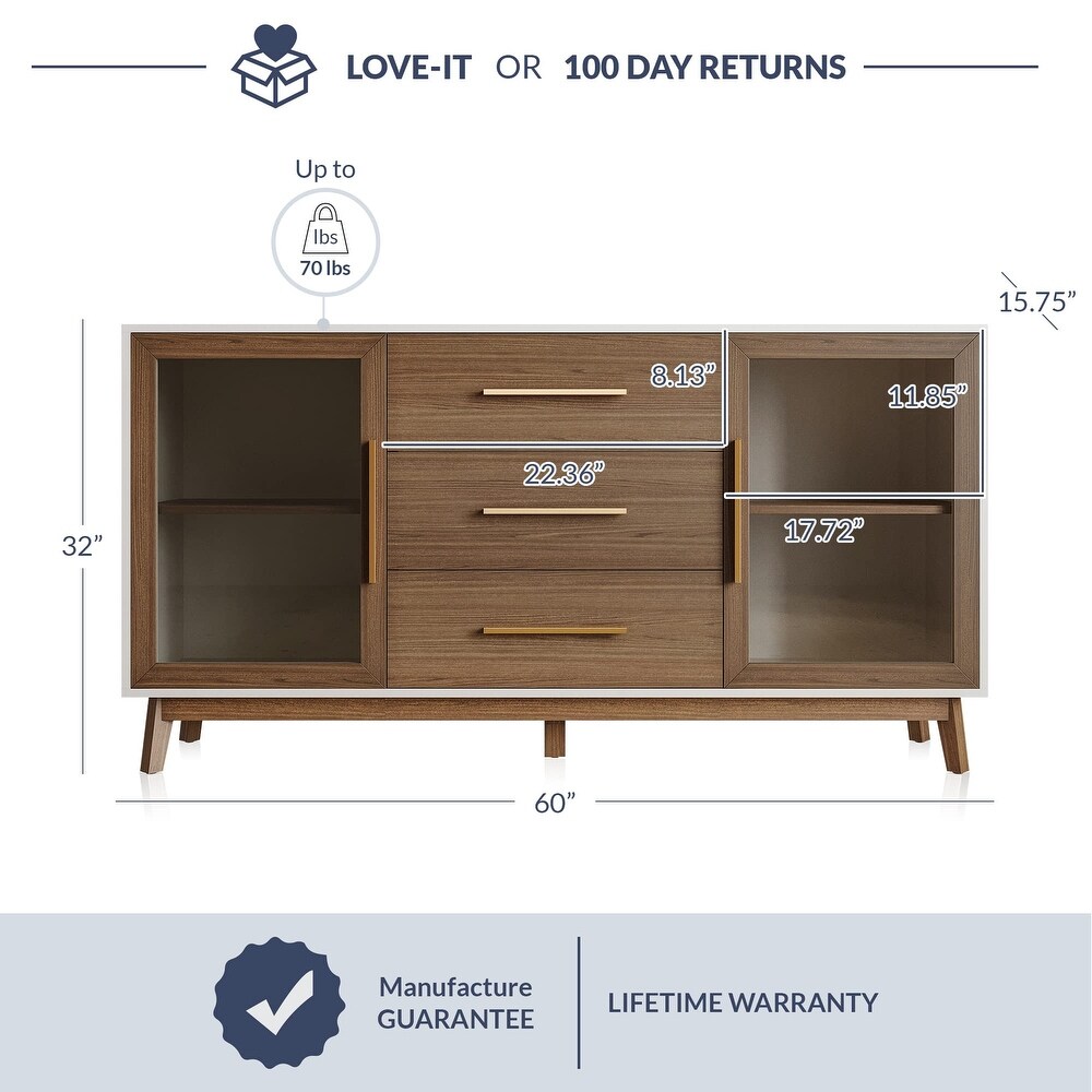 Sideboard Buffet Cabinet with 3 Drawers   2 Doors  Kitchen Console Table  Glass Storage Cabinet Coffee Bar Accent Cabinet