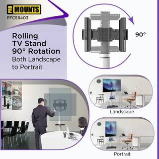 ProMounts Rolling TV Floor Stand Mount For 32-80 In. Height Adjustable Portrait to Landscape TV Cart PFCS6403