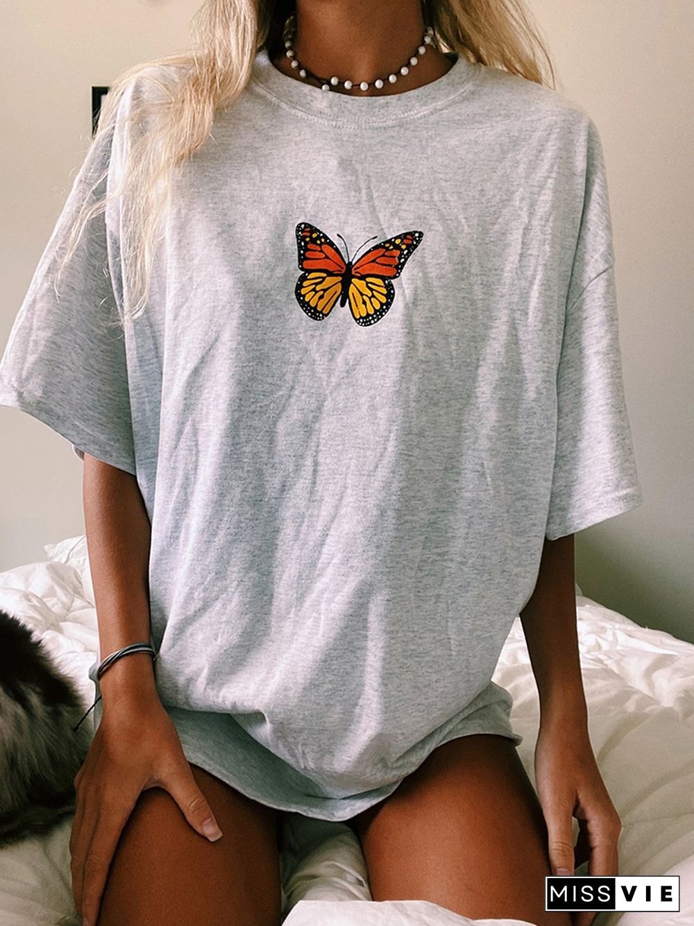 Casual Grey Butterfly Print T-Shirt