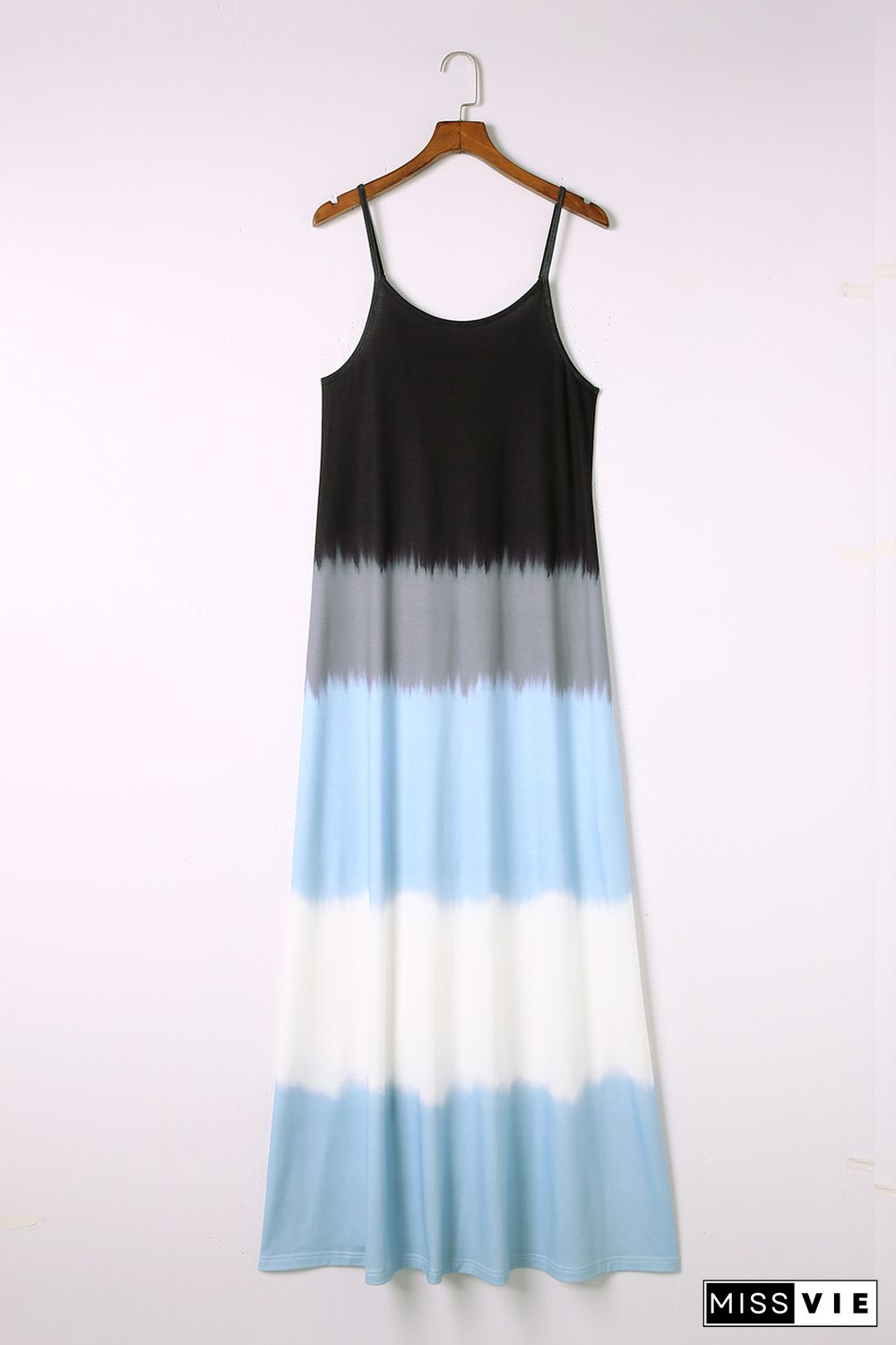 Sky Blue Spaghetti Strap Tie Dye Slit Maxi Dress