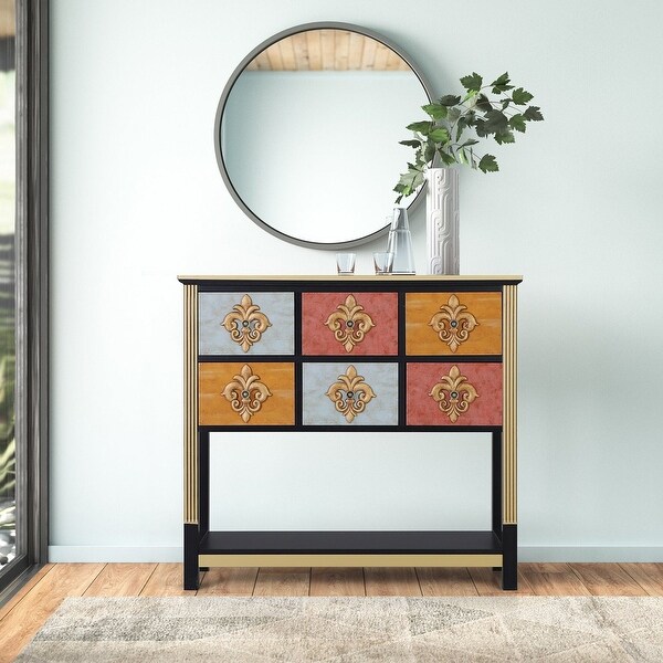 6-Drawer Royal Flower Console Table with Bottom Shelf