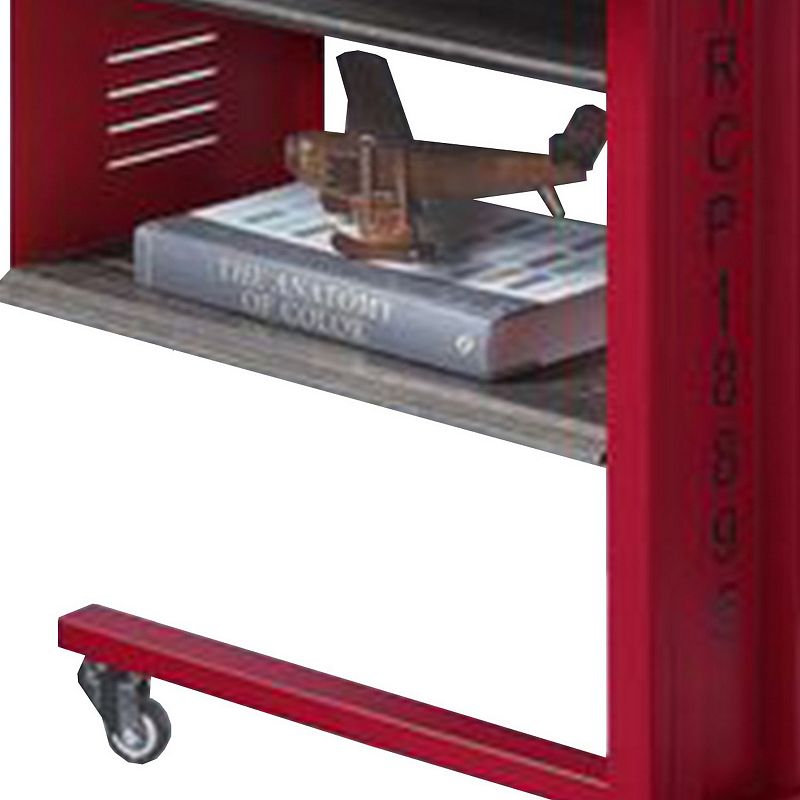 Accent Table with Metal Cargo Style and 3 Caster Wheels， Red