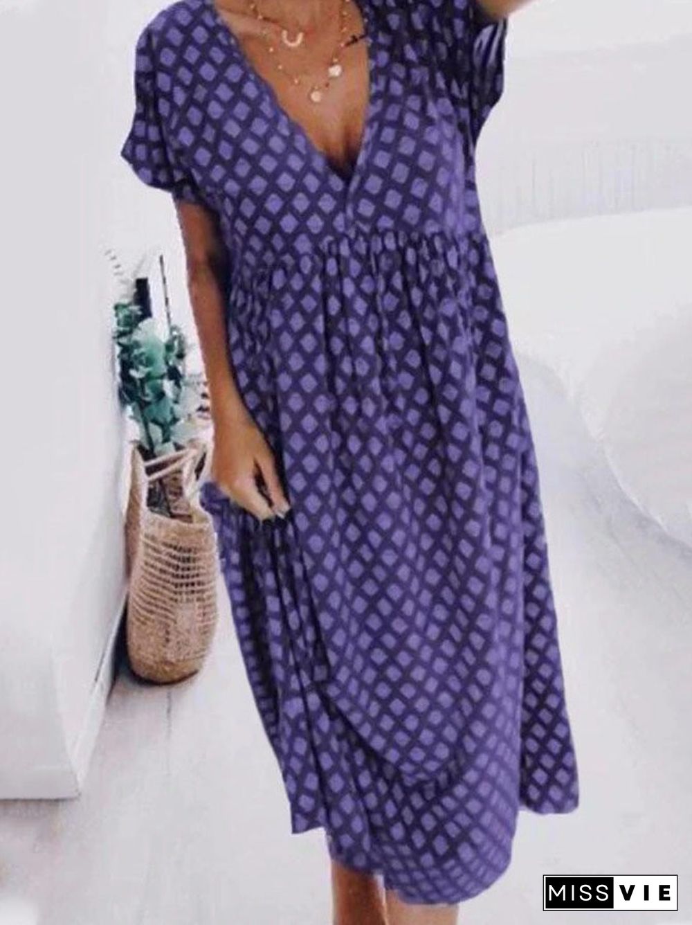 Women'S Dresses Loose Print V-Neck Short Sleeve Dress