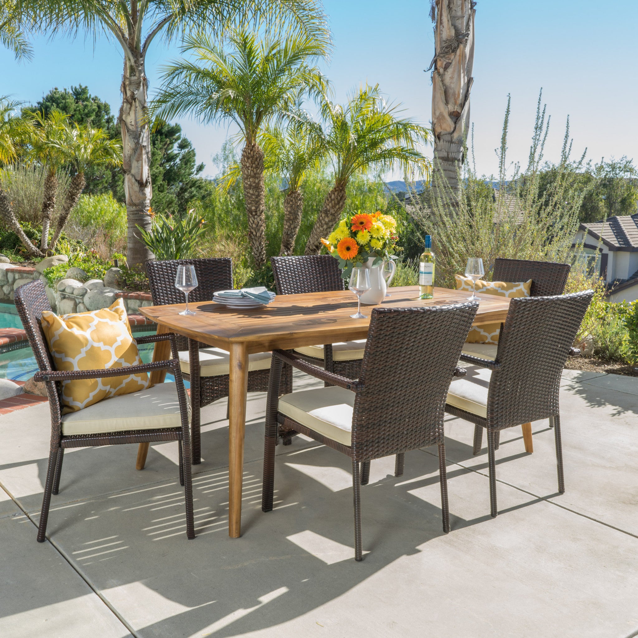 Pisciotta Outdoor 7-Piece Brown Wicker Dining Set with Cream Cushions