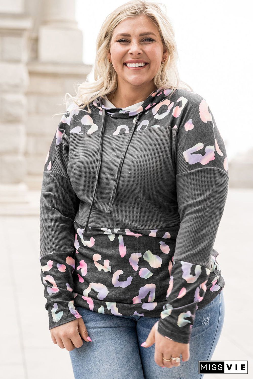 Gray Plus Size Leopard Waffle Knit Hoodie