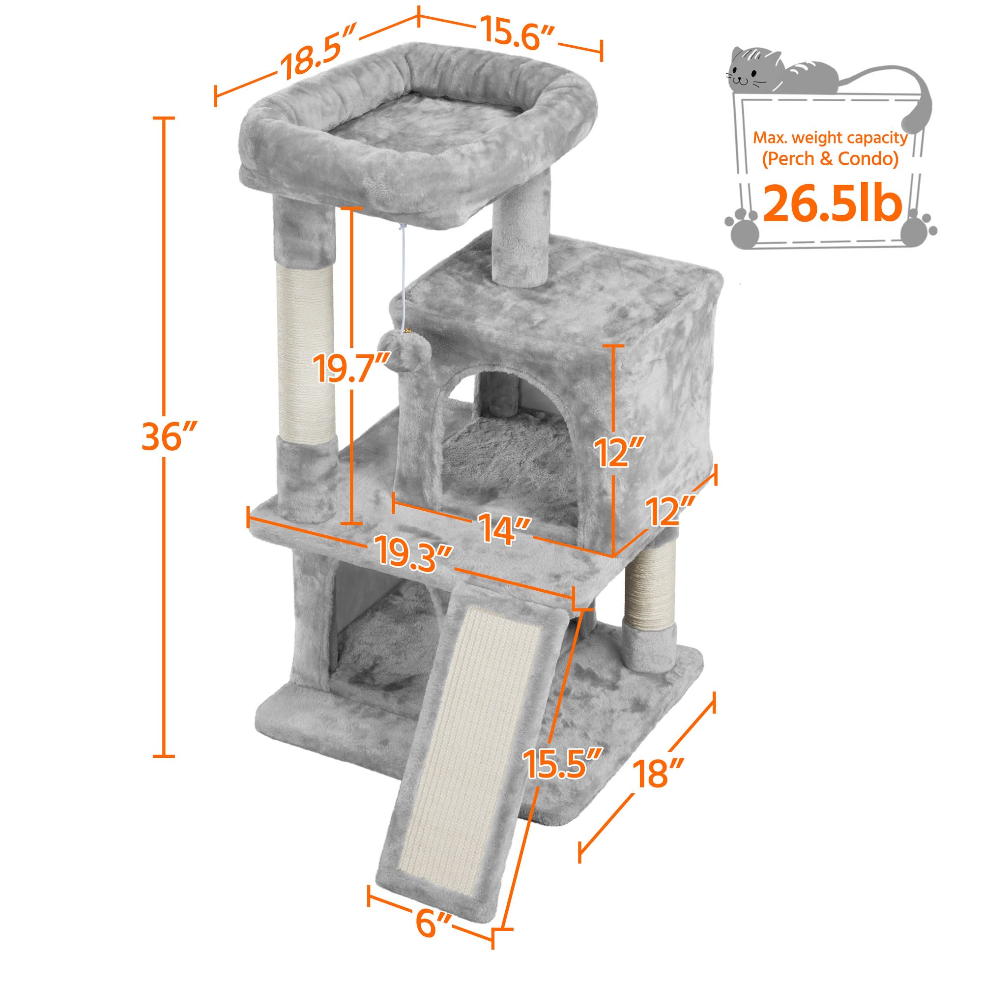 TOPEAKMART Light Gray Cat Tree with 2 Condos， 36