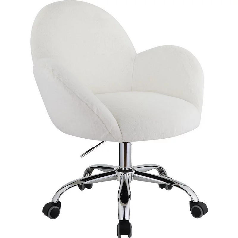 Swivel Office Chair with Rounded Back and Arms， White and Chrome