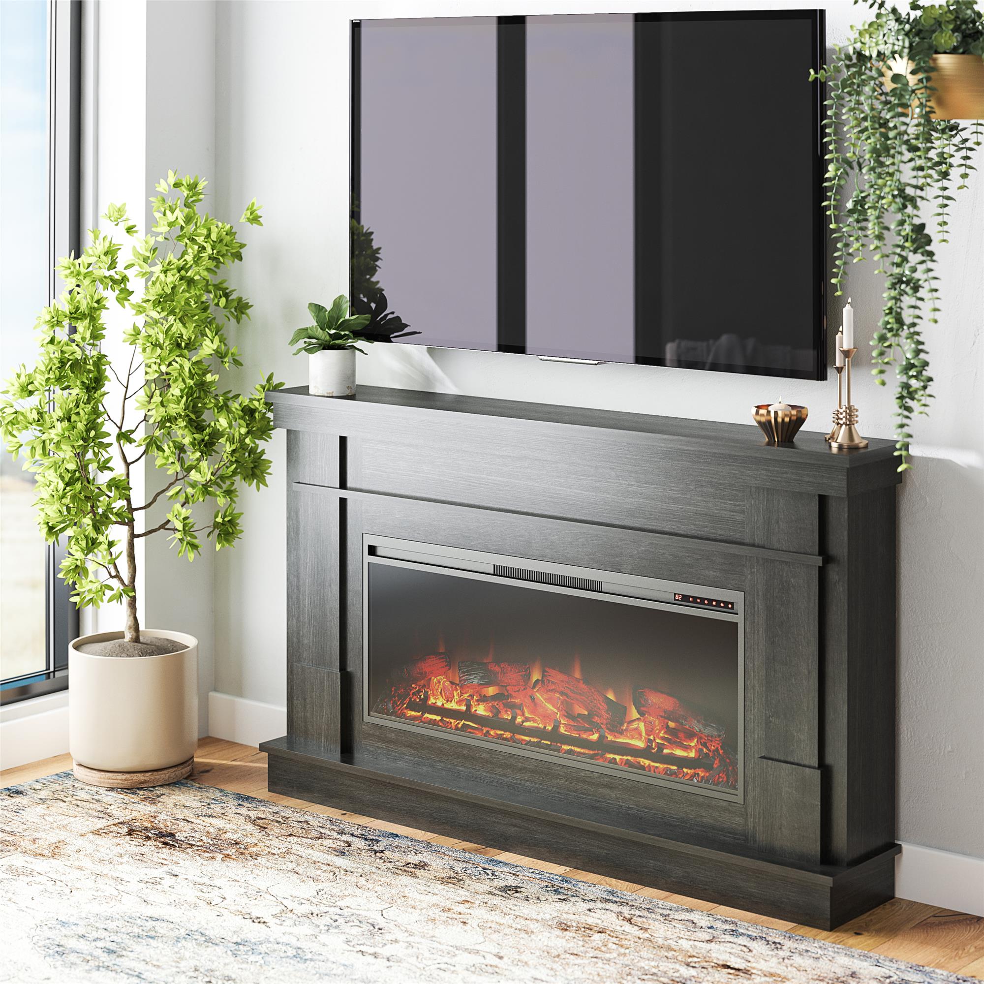 Ameriwood Home Elmdale Wide Mantel with Linear Electric Fireplace, Black Oak