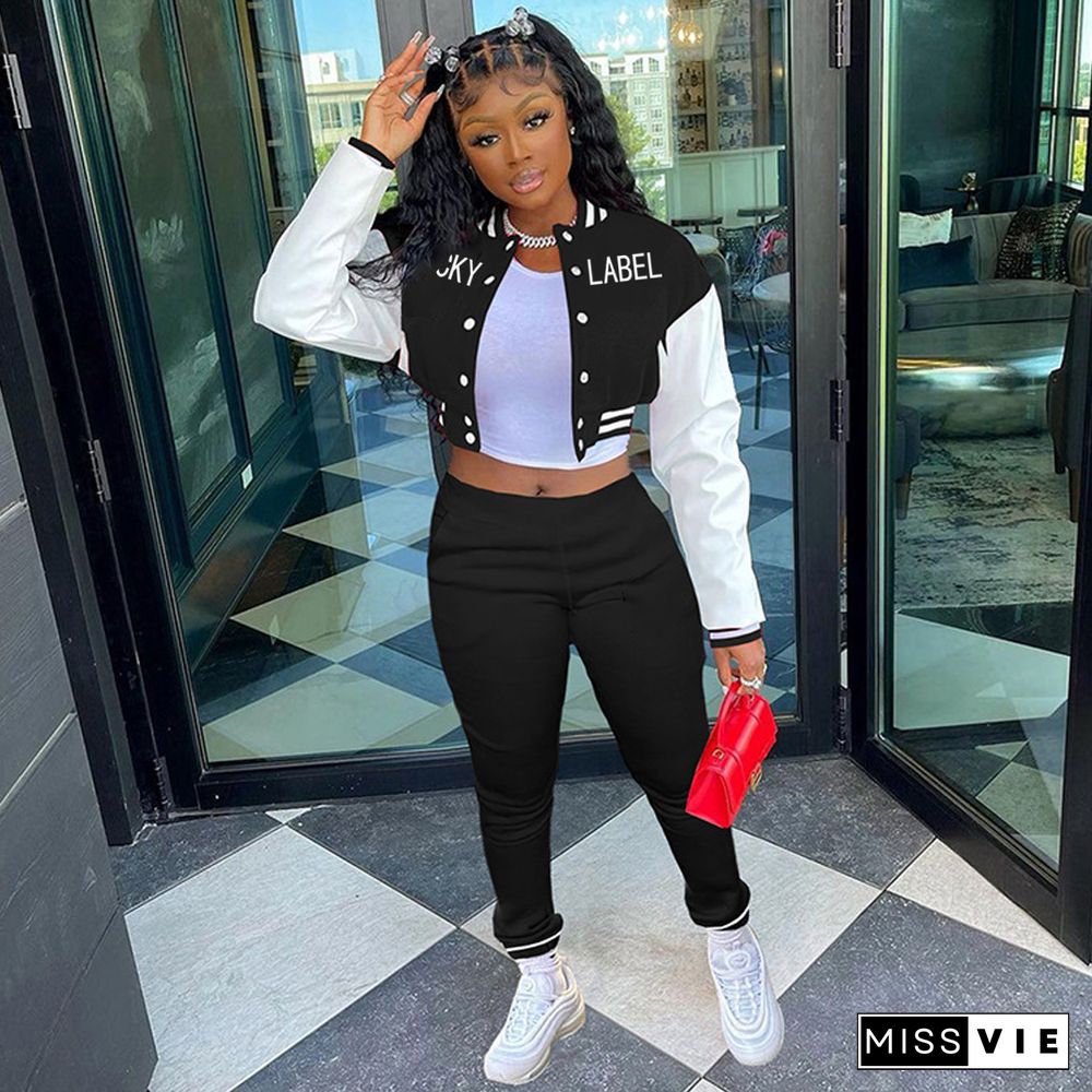 Letter Print Baseball Jacket Sporty Pants Set