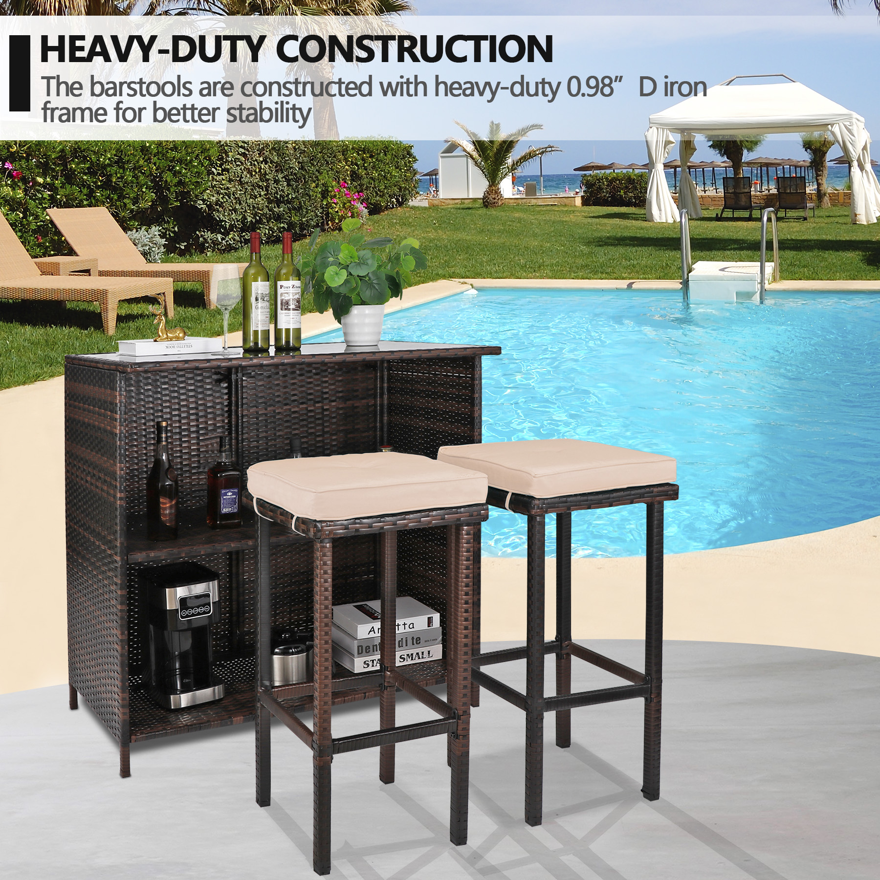 Outdoor Bar Furniture， 3 Piece Patio Bar Set， Brown Rattan Bar with Storage， 2 Brown Stool Cushions