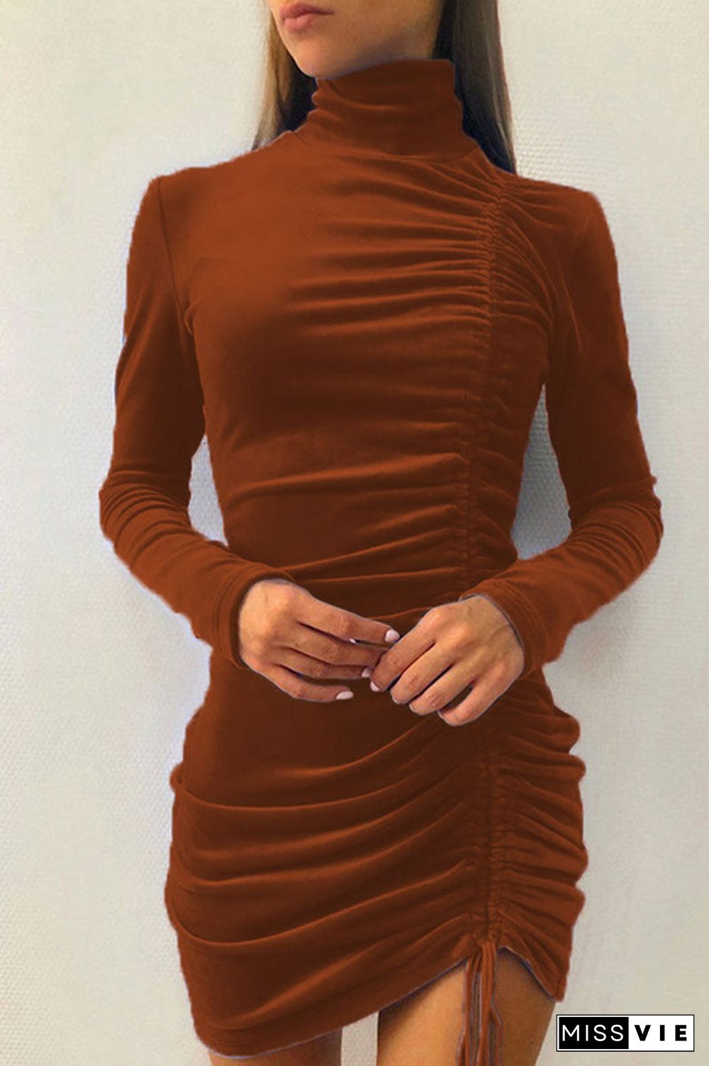 Sexy Elegant Solid Draw String Half A Turtleneck Wrapped Skirt Dresses(8 Colors)