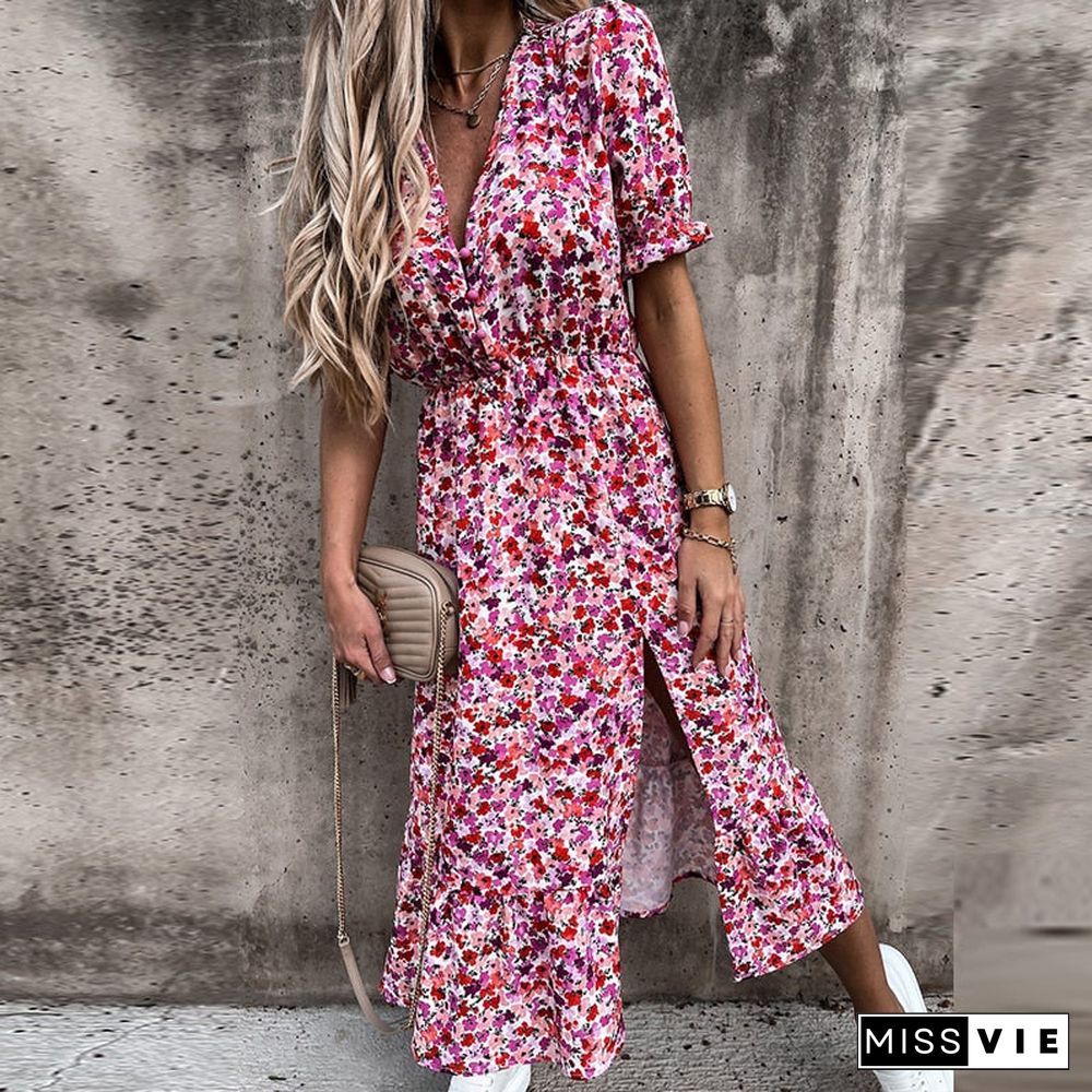 Summer Floral Print Dress Women V Neck Side Slit Long Elegant Dress Short Sleeve Button Slim Spring Female Party Dress Vestidos