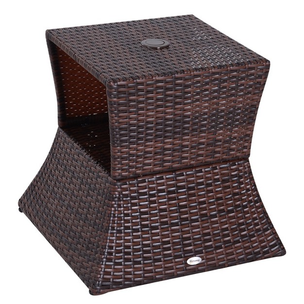 Outsunny Rattan Wicker Side Table With Umbrella Hole 2 Tier Storage Shelf For All Weather For Outdoor Patio Garden Backyard Mixed Brown