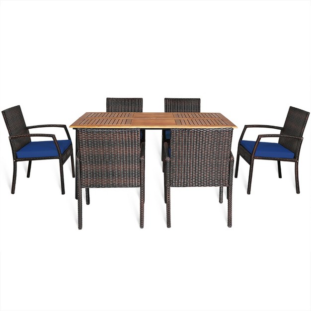 Tangkula 7 Piece Patio Dining Furniture Set Acacia Wood And Wicker Dining Table Armchairs Navy red white turquoise