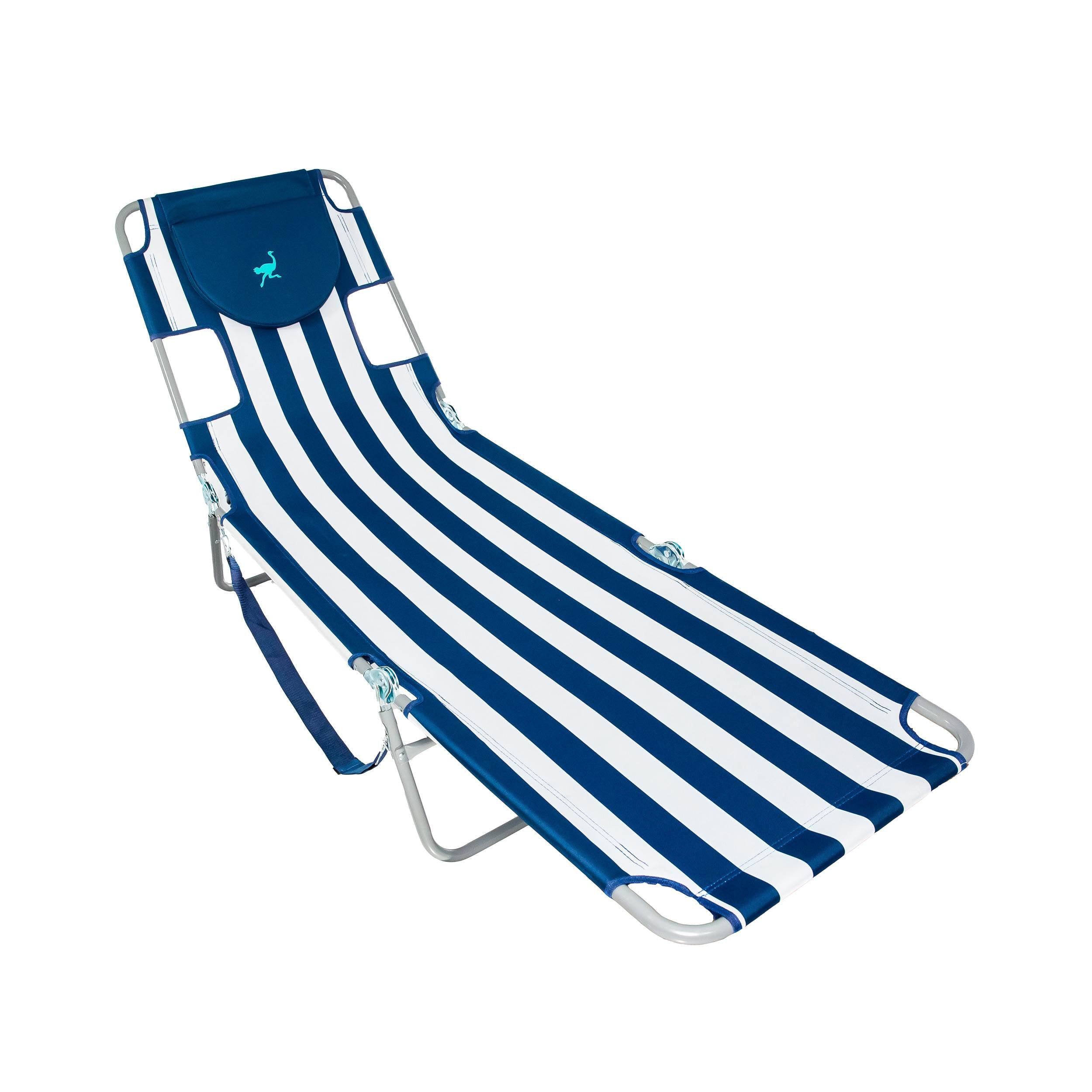 Ostrich Chaise Lounge Folding Portable Sunbathing Beach Chair， Navy Stripes， Polyester， Steel， (Blue， Multicolor， White)