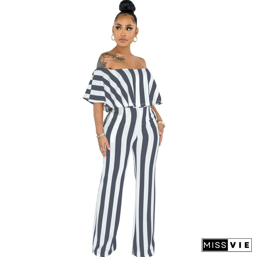 Striped Off Shoulder Wide Leg Jumpsuits