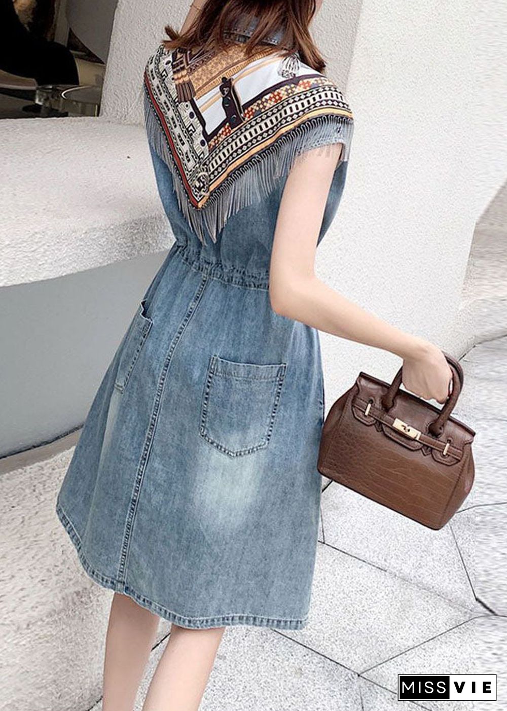 Modern Blue Peter Pan Collar Patchwork Drawstring Denim Mid Dress Short Sleeve