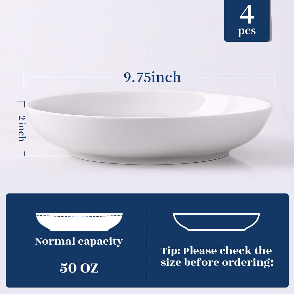 Y YHY 9.75 Large White Pasta Bowls， Ceramic 50 oz Serving Bowl Set of 4， Microwave and Dishwasher Safe