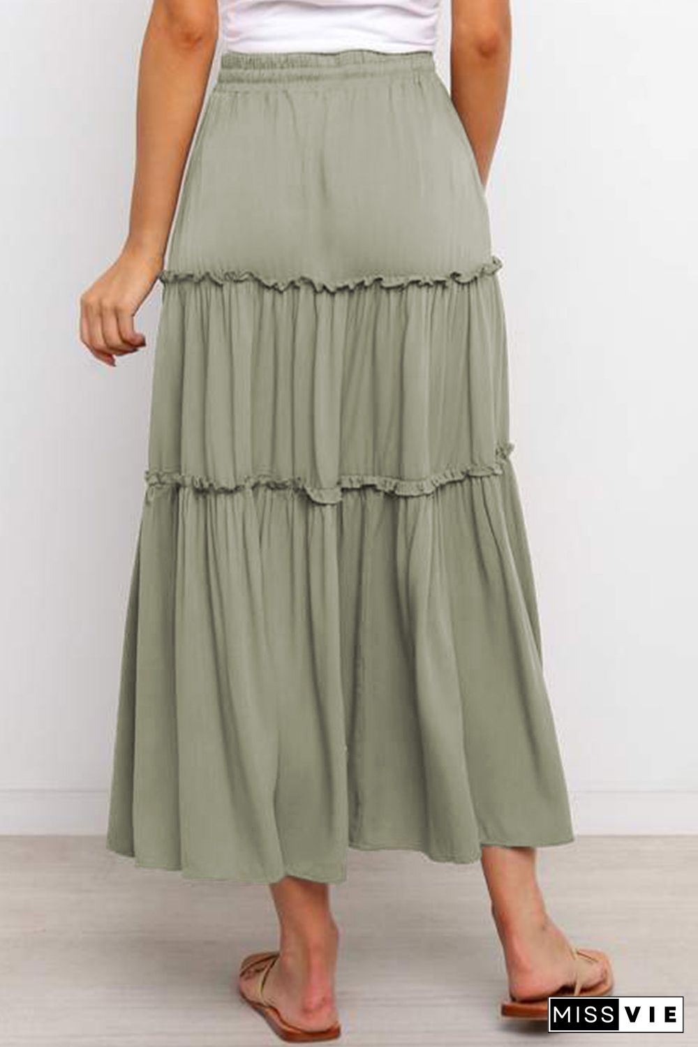 Green Solid Layered Ruffled Drawstring High Waist Maxi Skirt