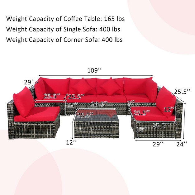 Costway 7pcs Patio Rattan Furniture Set Sectional Sofa Garden Red Cushion