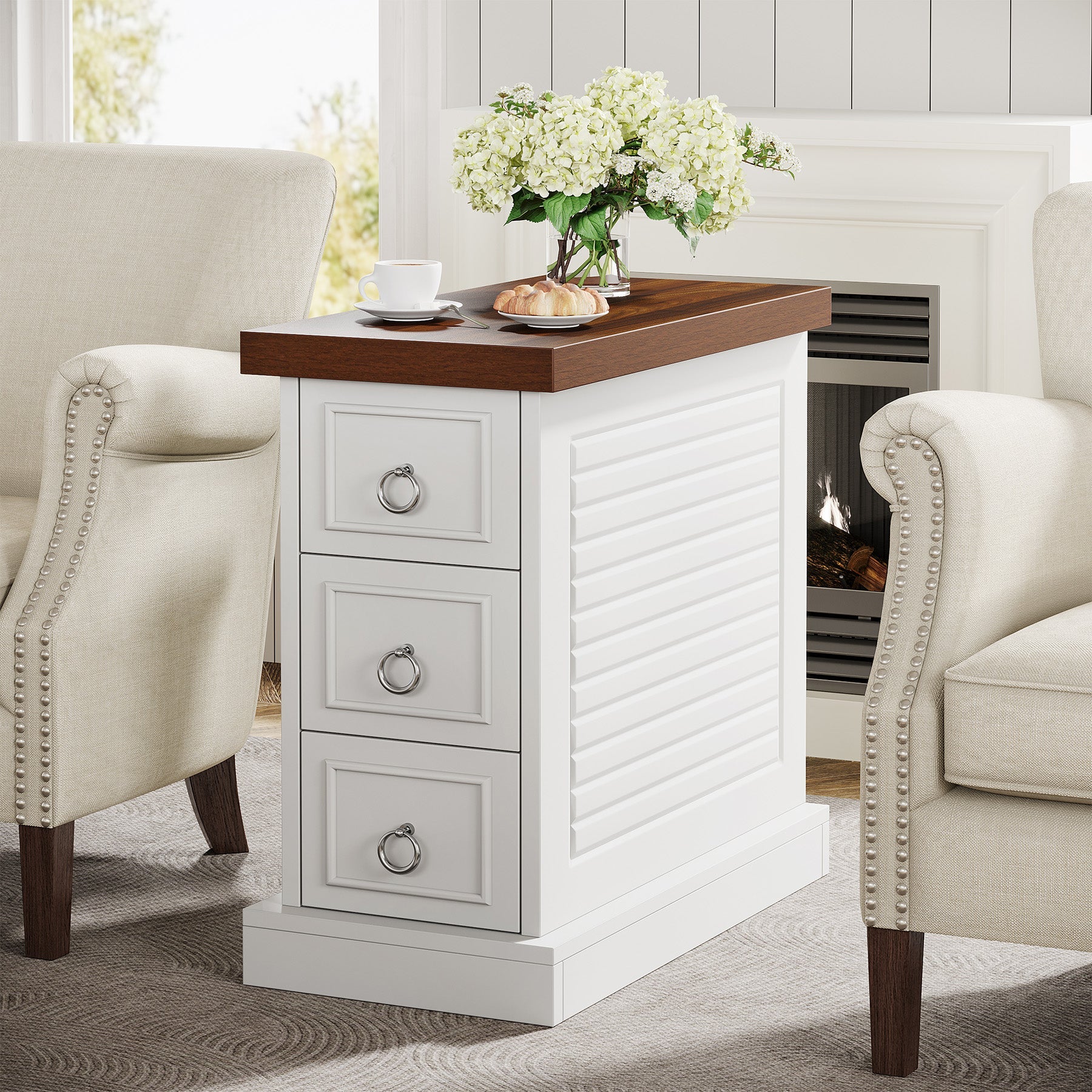 3-Drawer End Table, Farmhouse Sofa Side Table with Thicken Pedestal