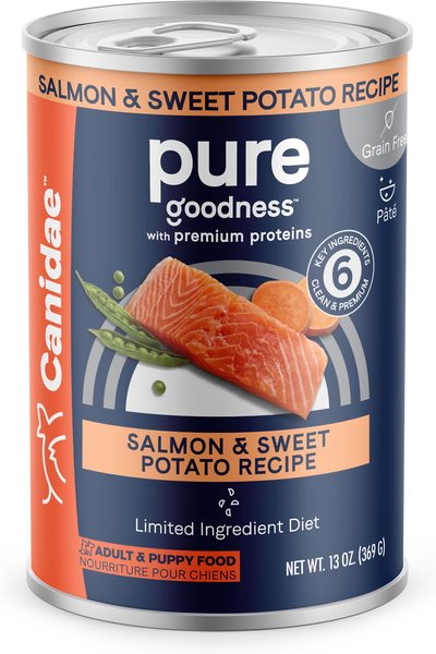 CANIDAE PURE All Stages Grain-Free Limited Ingredient Salmon and Sweet Potato Recipe Canned Dog Food， 13-oz