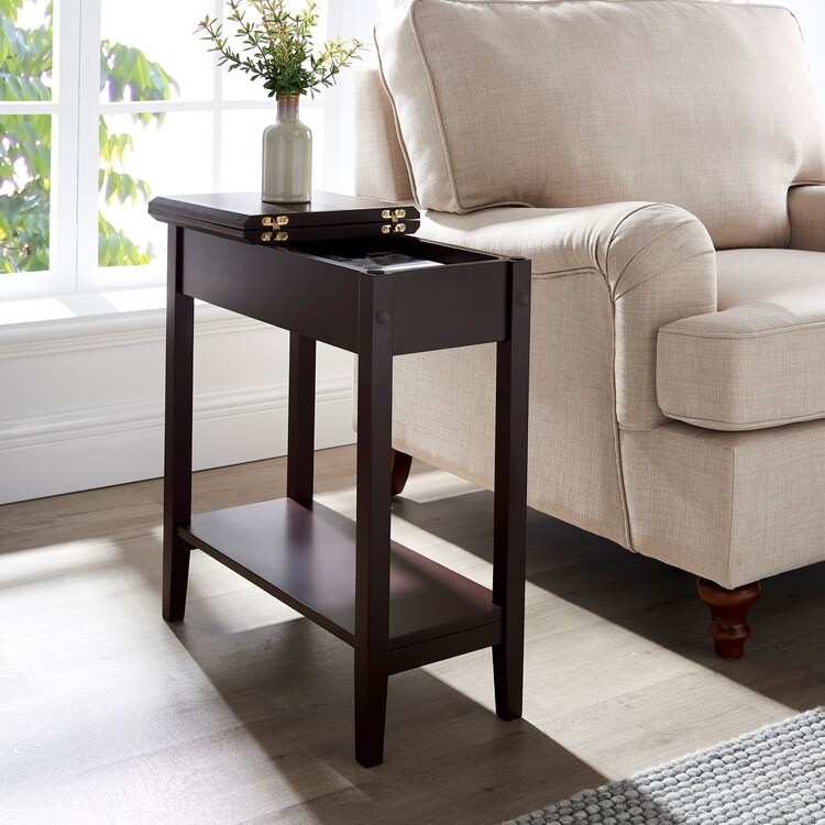 Roxy Narrow Wooden Flip Top End Table with Storage  Nesting Side Table with Storage Shelf for Small Spaces